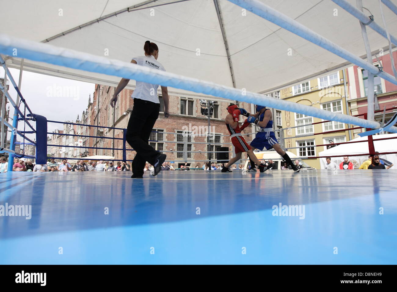 Gdansk, Poland 1st, June 2013 Zygmunt Chychla's  International Boxing Tourney in Gdansk city center in front of Neptune fountain. David Muler from Germany (red) fights against Alban Kuci from Sweden (blue) Credit:  Michal Fludra/Alamy Live News Stock Photo