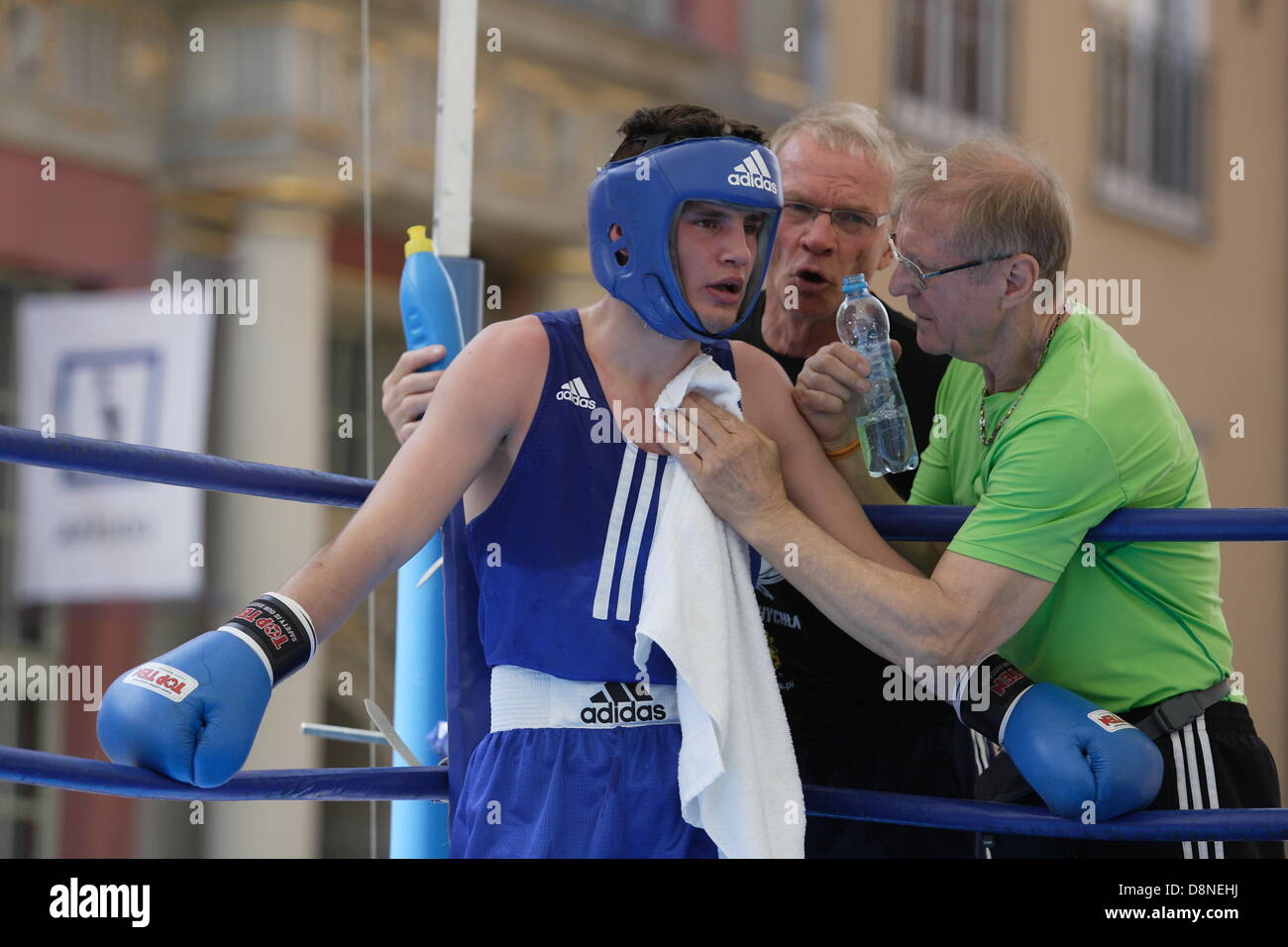Gdansk, Poland 1st, June 2013 Zygmunt Chychla's  International Boxing Tourney in Gdansk city center in front of Neptune fountain. David Muler from Germany (red) fights against Alban Kuci from Sweden (blue) Credit:  Michal Fludra/Alamy Live News Stock Photo