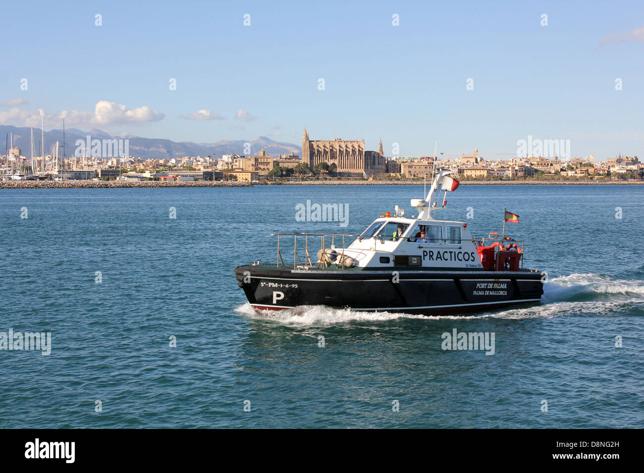 Port Pilot Service (PRACTICOS) launch returning to port past historic Palma Gothic Cathedral - in the Port of Palma de Mallorca Stock Photo