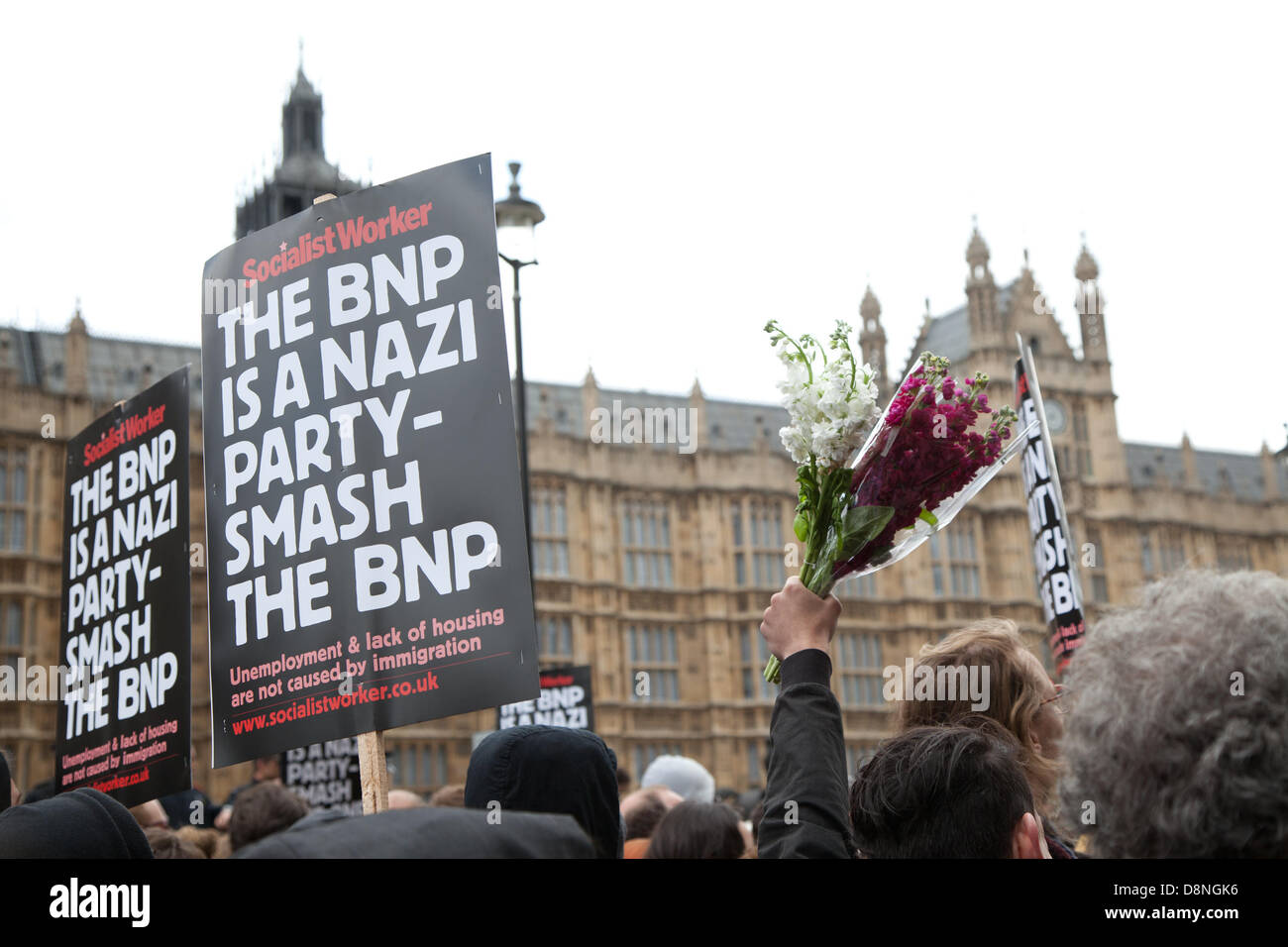 London, UK. 1st June 2013.  Anti-fascist protesters gather outside Parliament to protests and block a march by the British National Party supporters. Credit:  nelson pereira/Alamy Live News Stock Photo