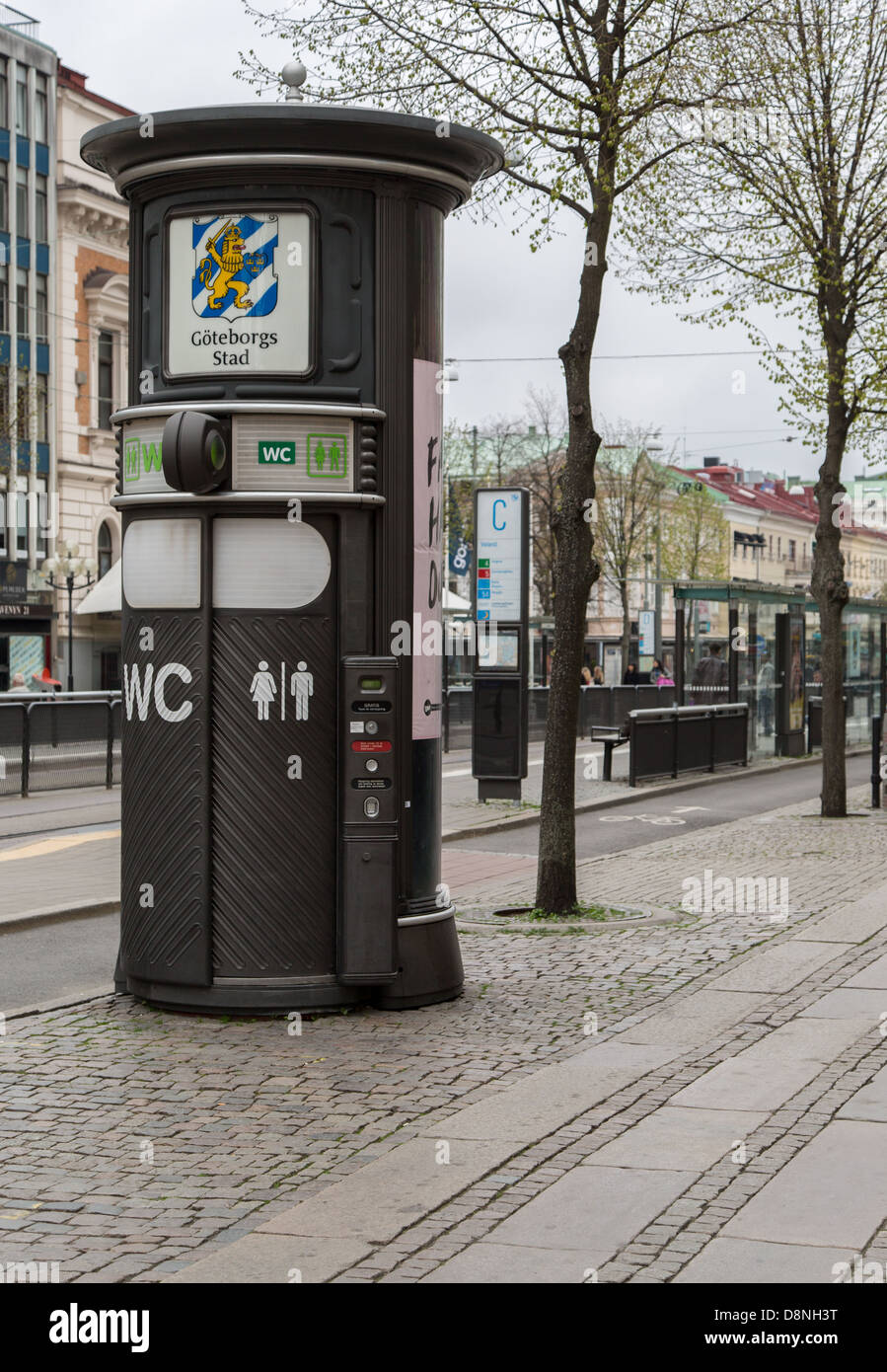 Public pay water closet or toilet on a busy street in Gothenburg, Sweden Stock Photo