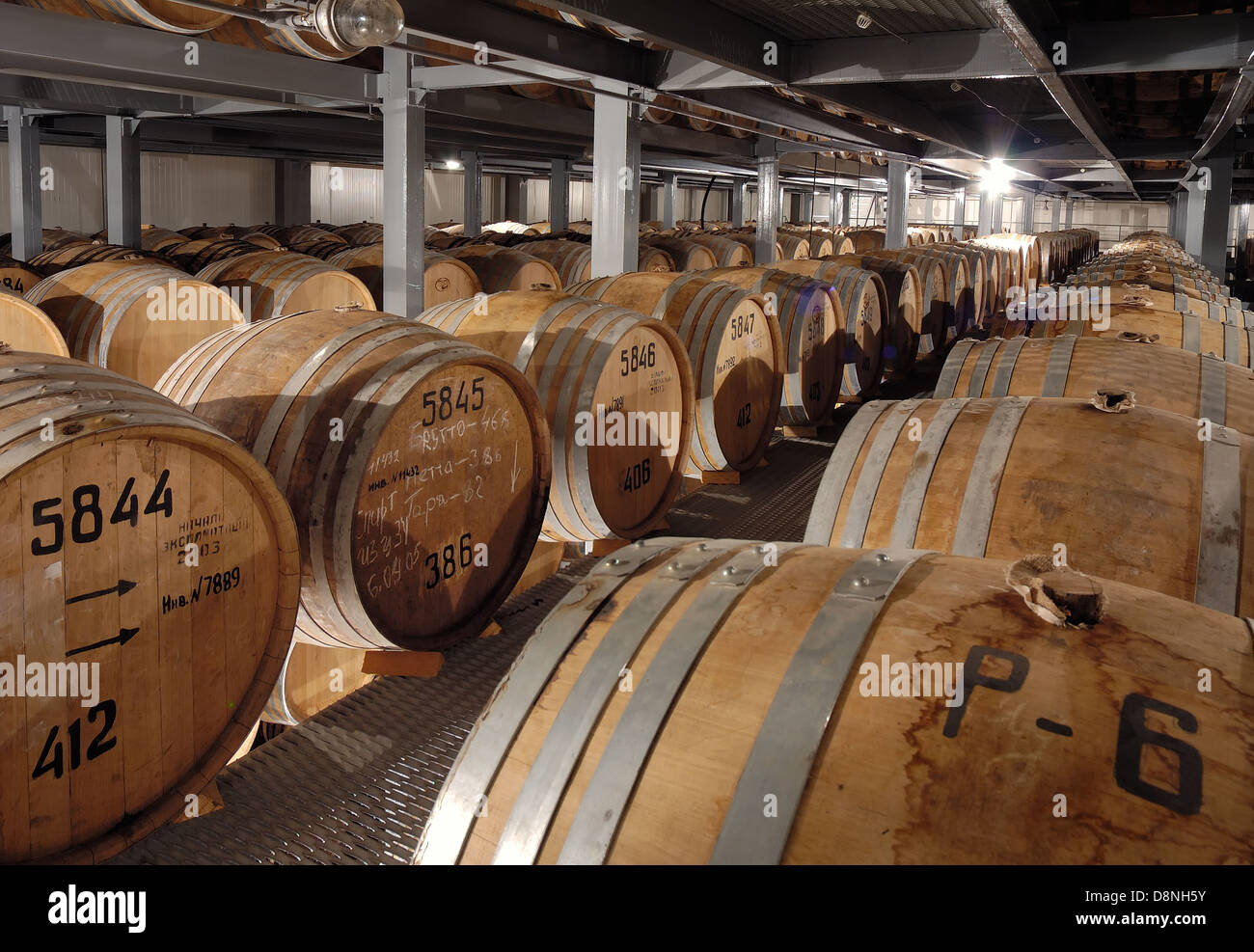 Rows of wooden cognac barrels in cellar Stock Photo