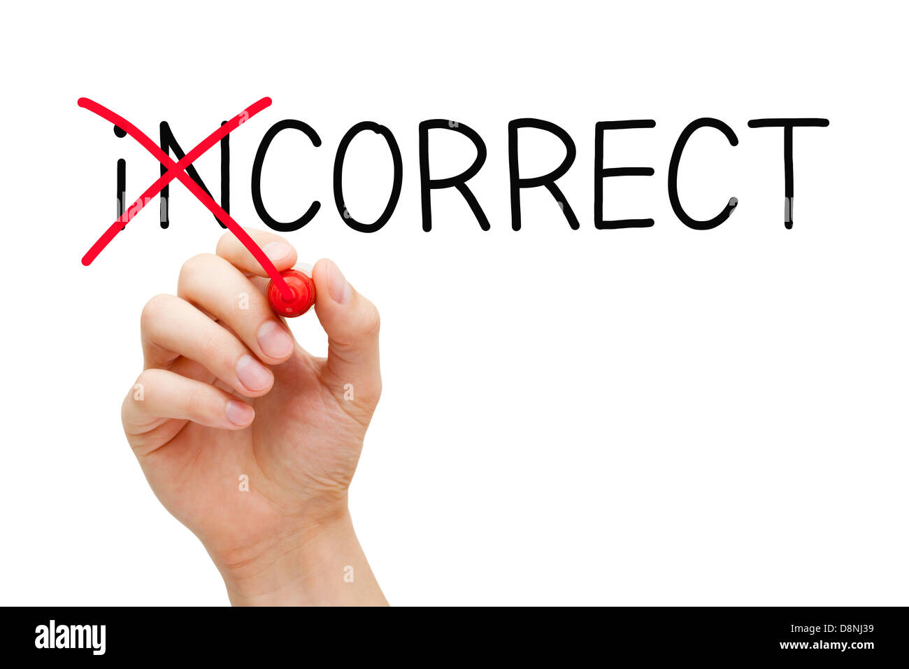 Hand turning the word Incorrect into Correct with red marker isolated