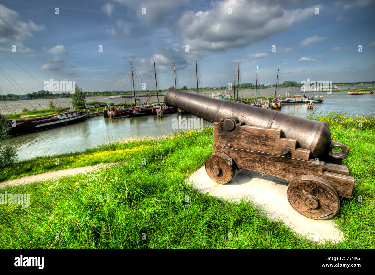 Canon on Dutch Harbor on the Maas Stock Photo