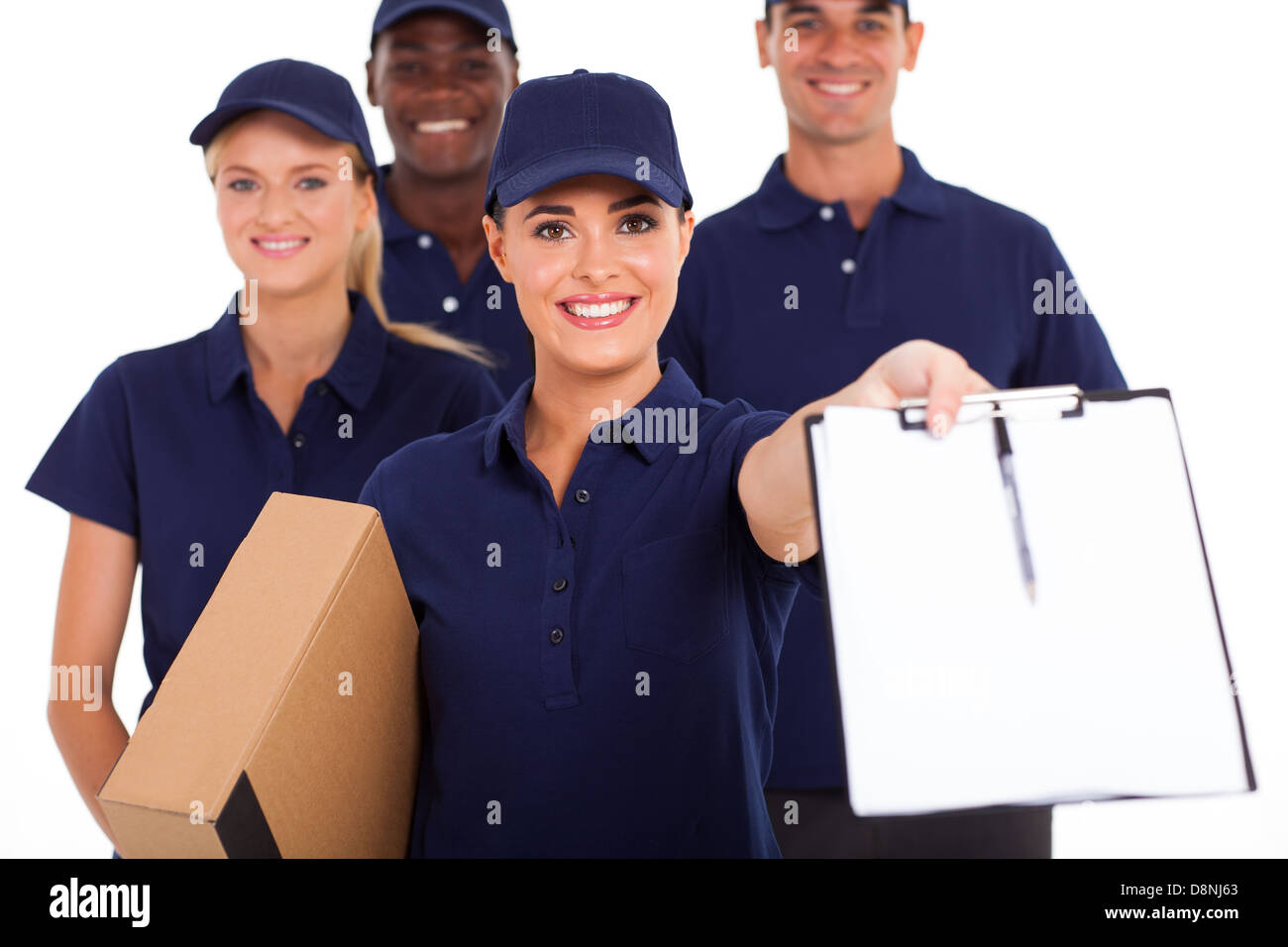 group of professional courier service staff with parcel and signing form Stock Photo