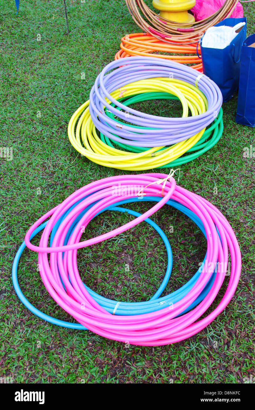 Kid playground items such hula hoops and cones. Stock Photo