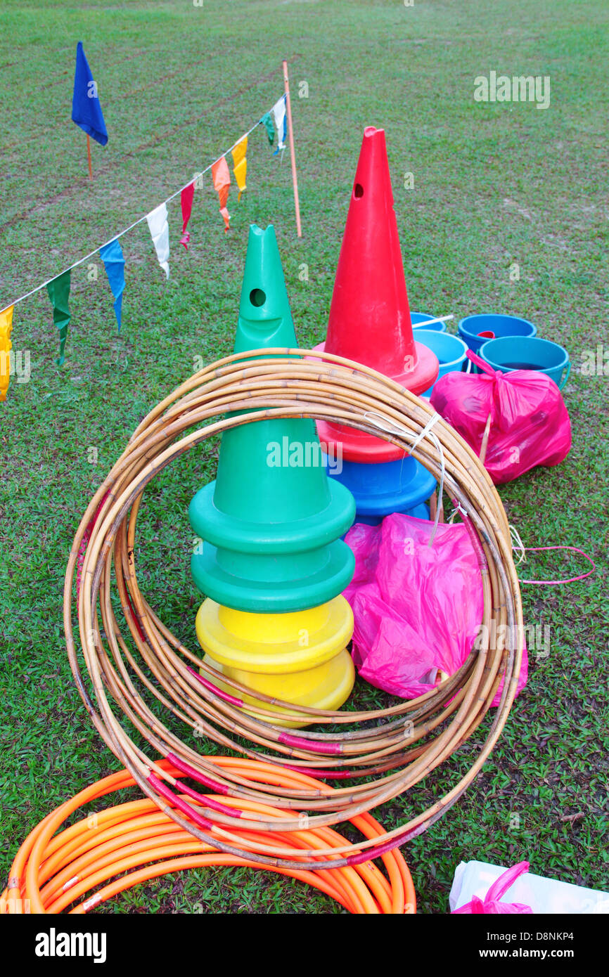 Kid playground items such hula hoops and cones. Stock Photo
