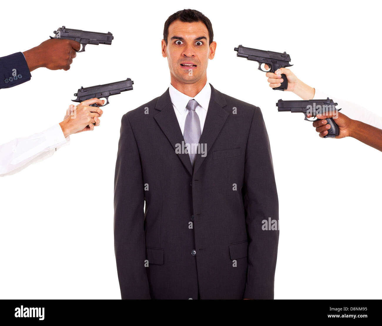 businessman being attacked at gun point by colleagues Stock Photo