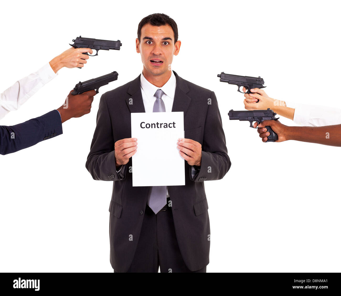 businessman holding forced contract at gun point Stock Photo