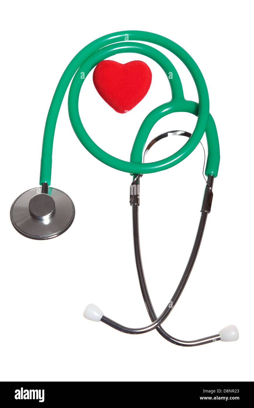 Red heart and a green stethoscope on white background Stock Photo - Alamy