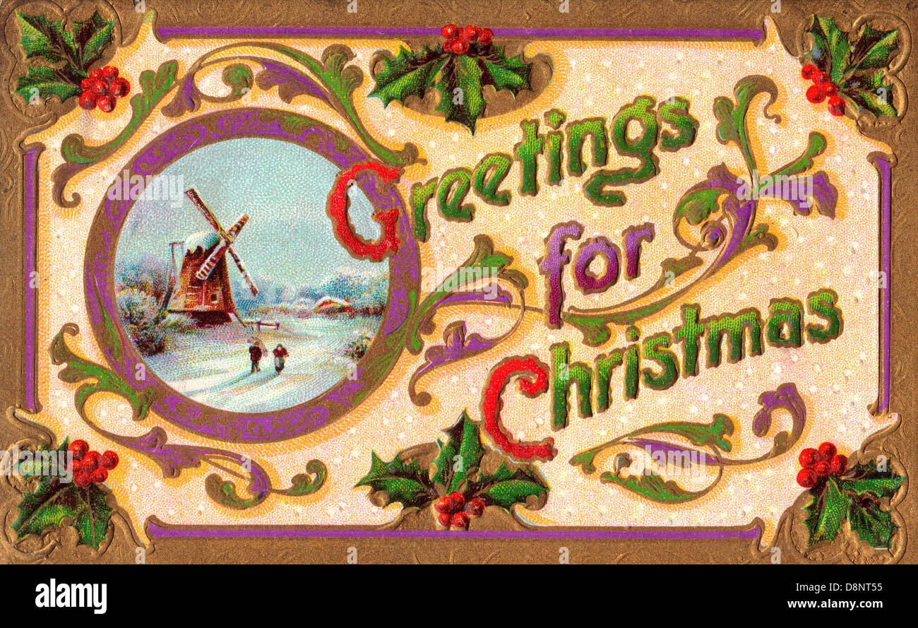 Greetings for Christmas -Vintage card with windmill and winter scene Stock Photo