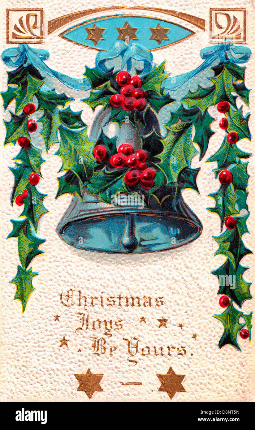 Christmas Joys be Yours - Vintage card with bell and hollies Stock Photo