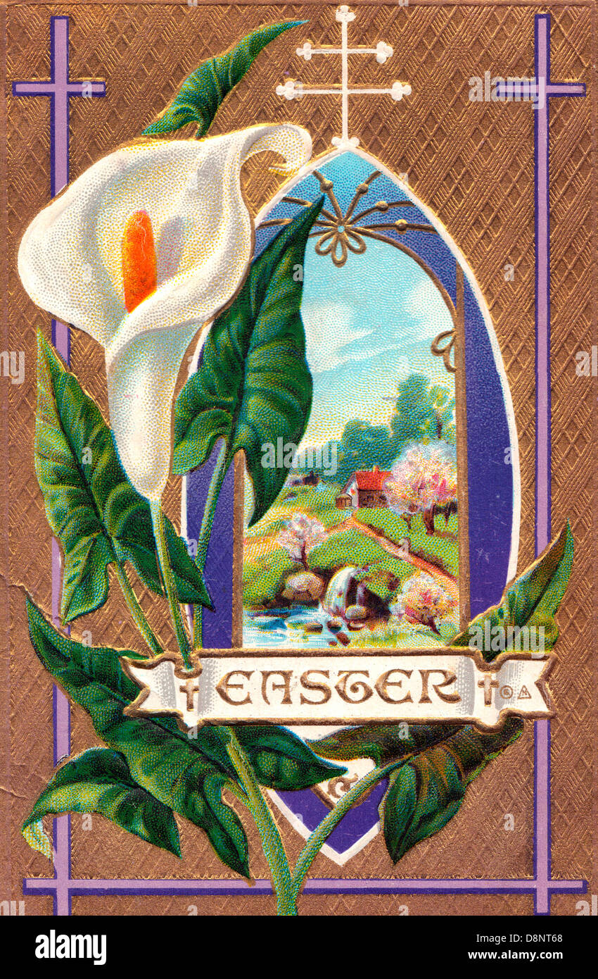 Happy Easter - Vintage card with lily and spring scene Stock Photo