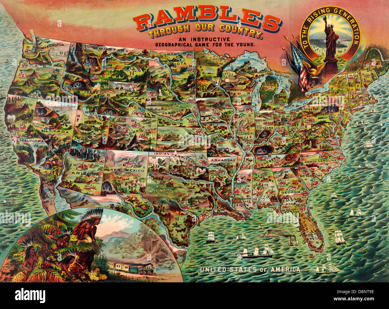 Title: Rambles through our country - an instructive geographical game for the young - Game showing map of the USA in the 1890s Stock Photo