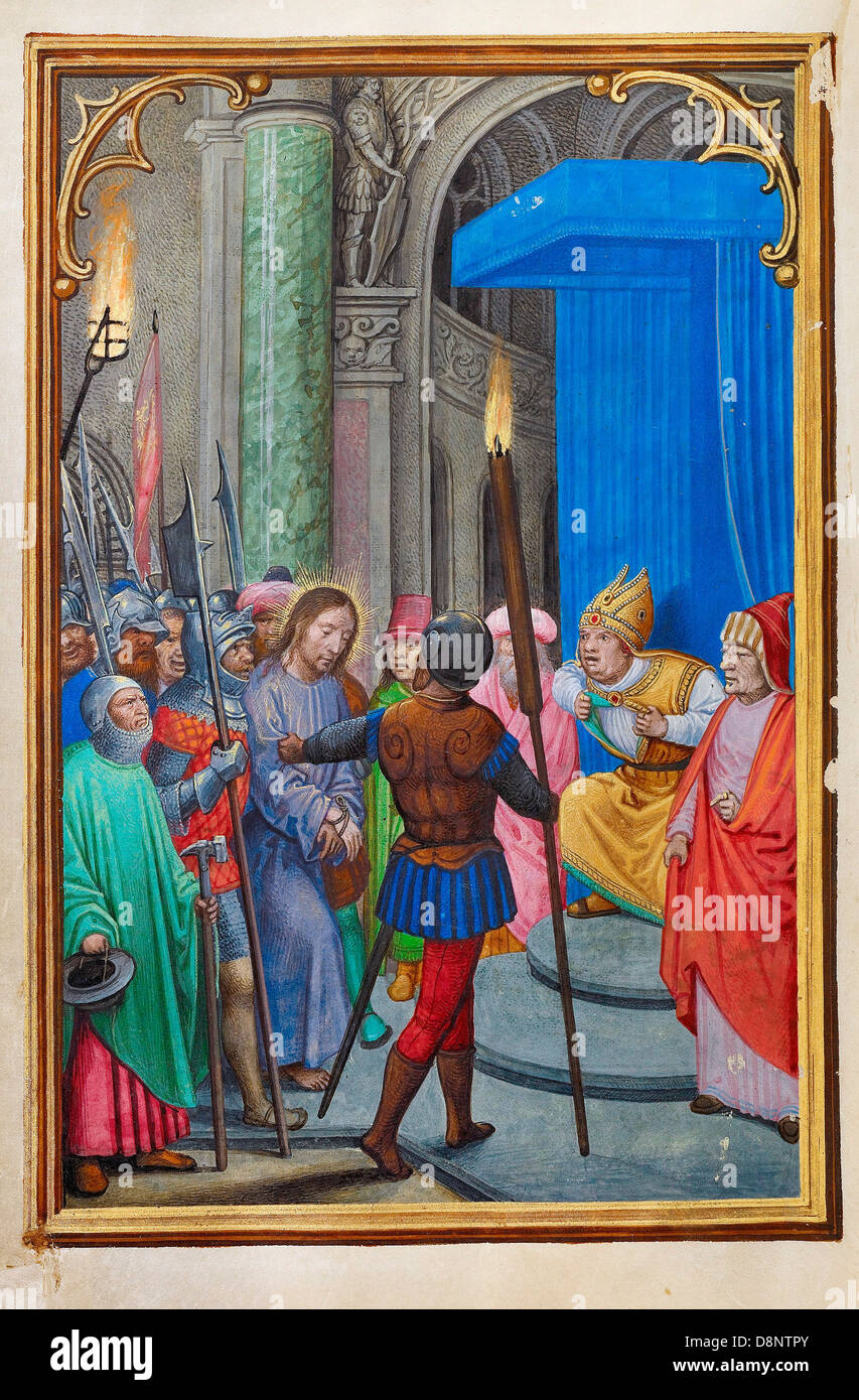 Simon Bening, Christ before Caiaphas 1525-1530 Oil on canvas. Tempera colors, gold paint, and gold leaf on parchment. Stock Photo
