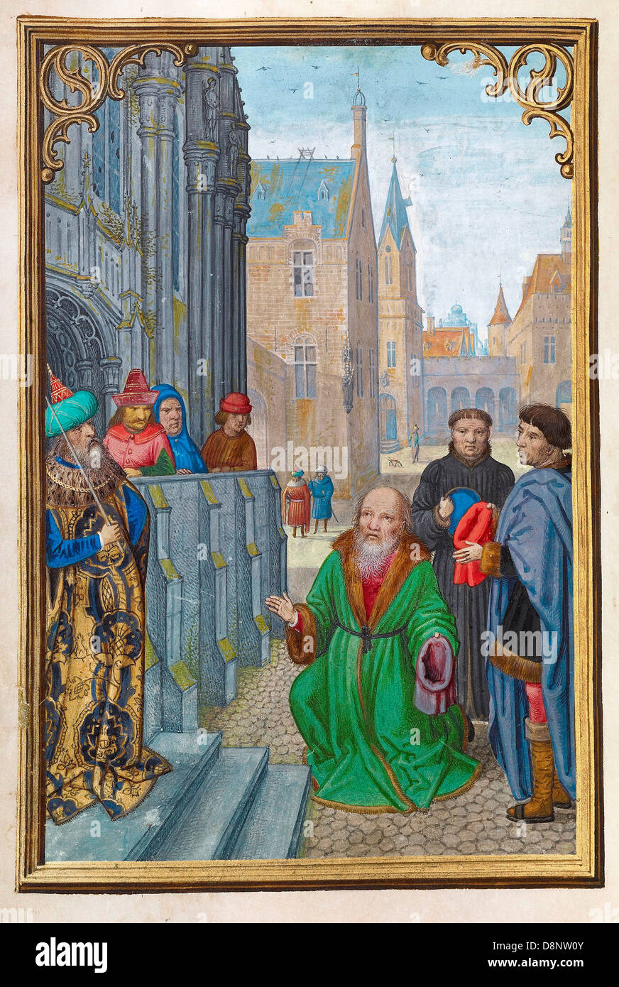 Simon Bening, Joseph of Arimathea Before Pilate 1525-1530 Oil on canvas. Tempera colors, gold paint, and gold leaf on parchment. Stock Photo