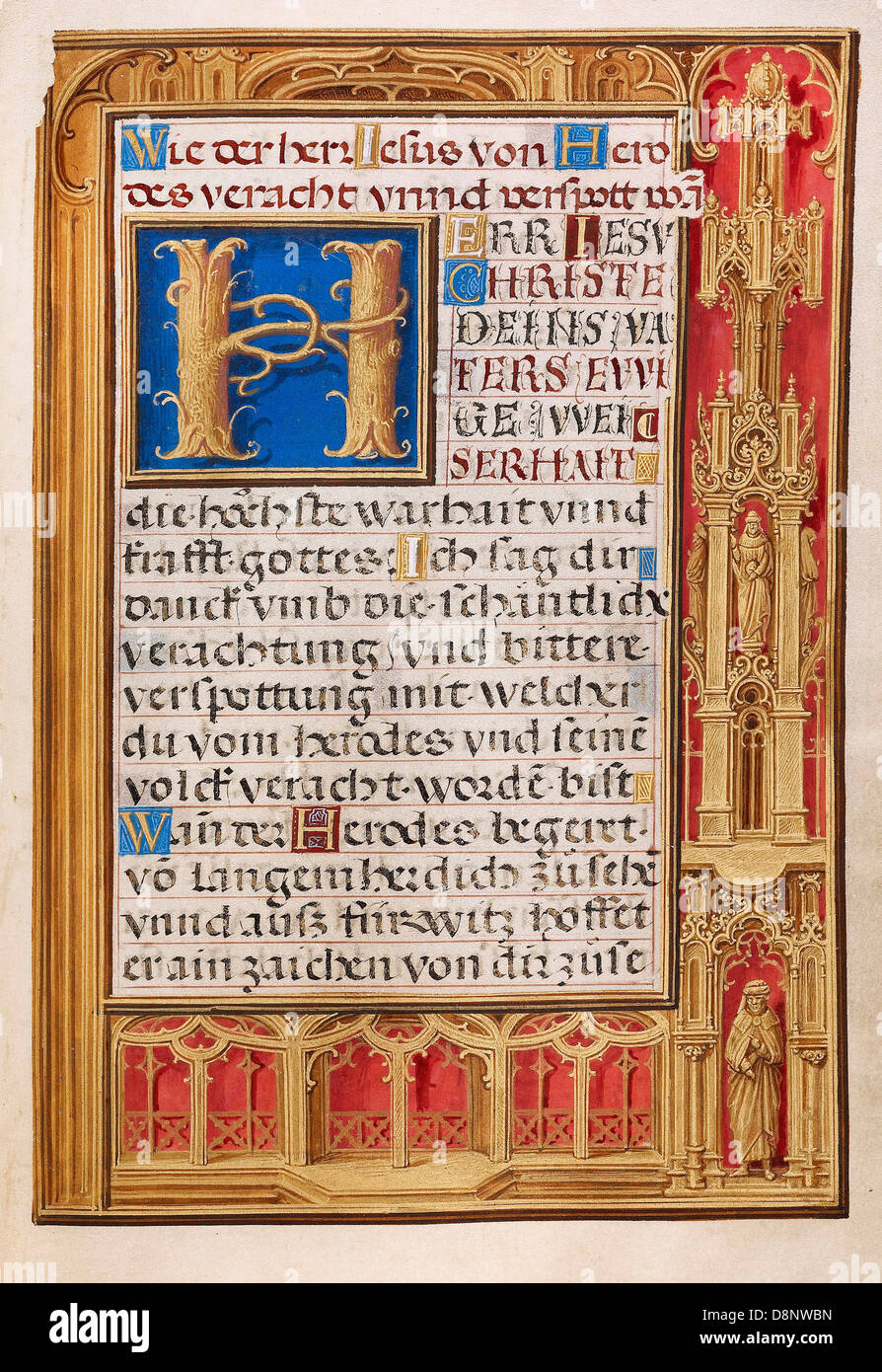 Simon Bening, Decorated Text Page 1525-1530 Oil on canvas. Tempera colors, gold paint, and gold leaf on parchment. Getty Museum. Stock Photo