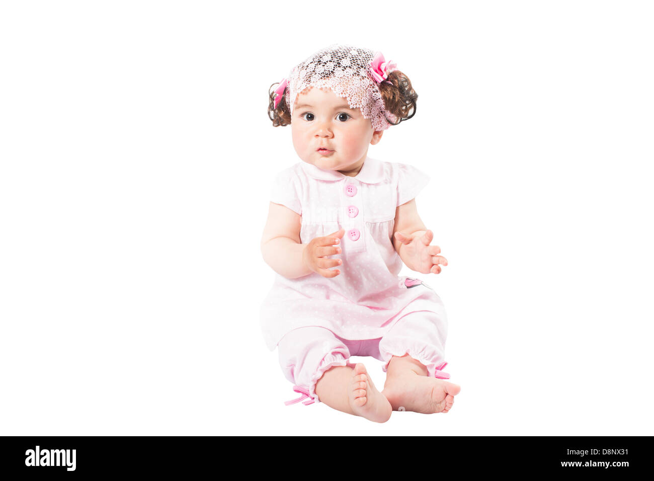 Little cute baby-girl in pink dress isolated on white background Use it ...