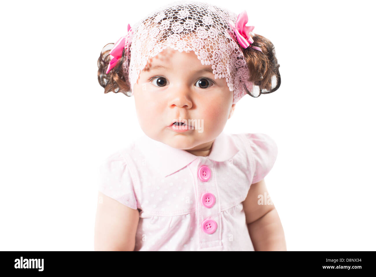 Little cute baby-girl in pink dress isolated on white background Use it ...