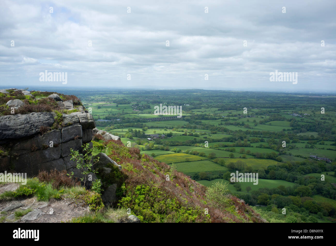 The view across Cheshire and Staffordshire from Bosley Cloud, on the Staffordshire Way in England. Stock Photo