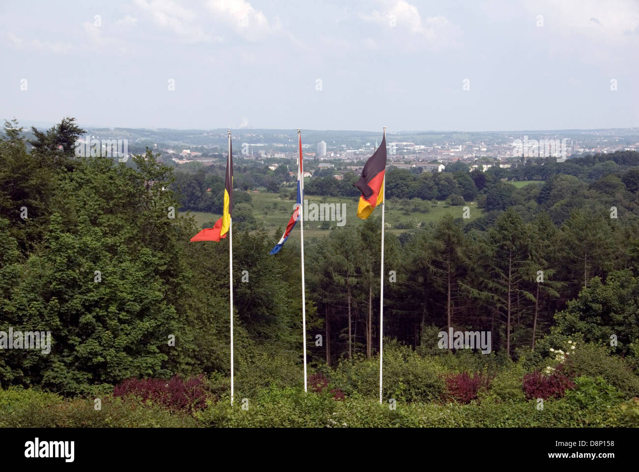 NETHERLANDS; ; DUTCH ALPS. NATIONAL FLAGS OF BELGIUM; HOLLAND; GERMANY FROM THREE COUNTRIES VIEWPOINT OVERLOOKING AACHEN Stock Photo