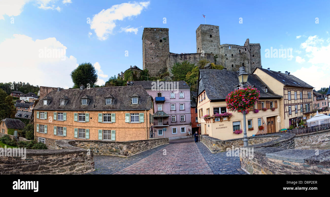 Castle ruins and the Museum, old Lahnbruecke Bridge, Runkel, Hesse, Germany, Europe Stock Photo