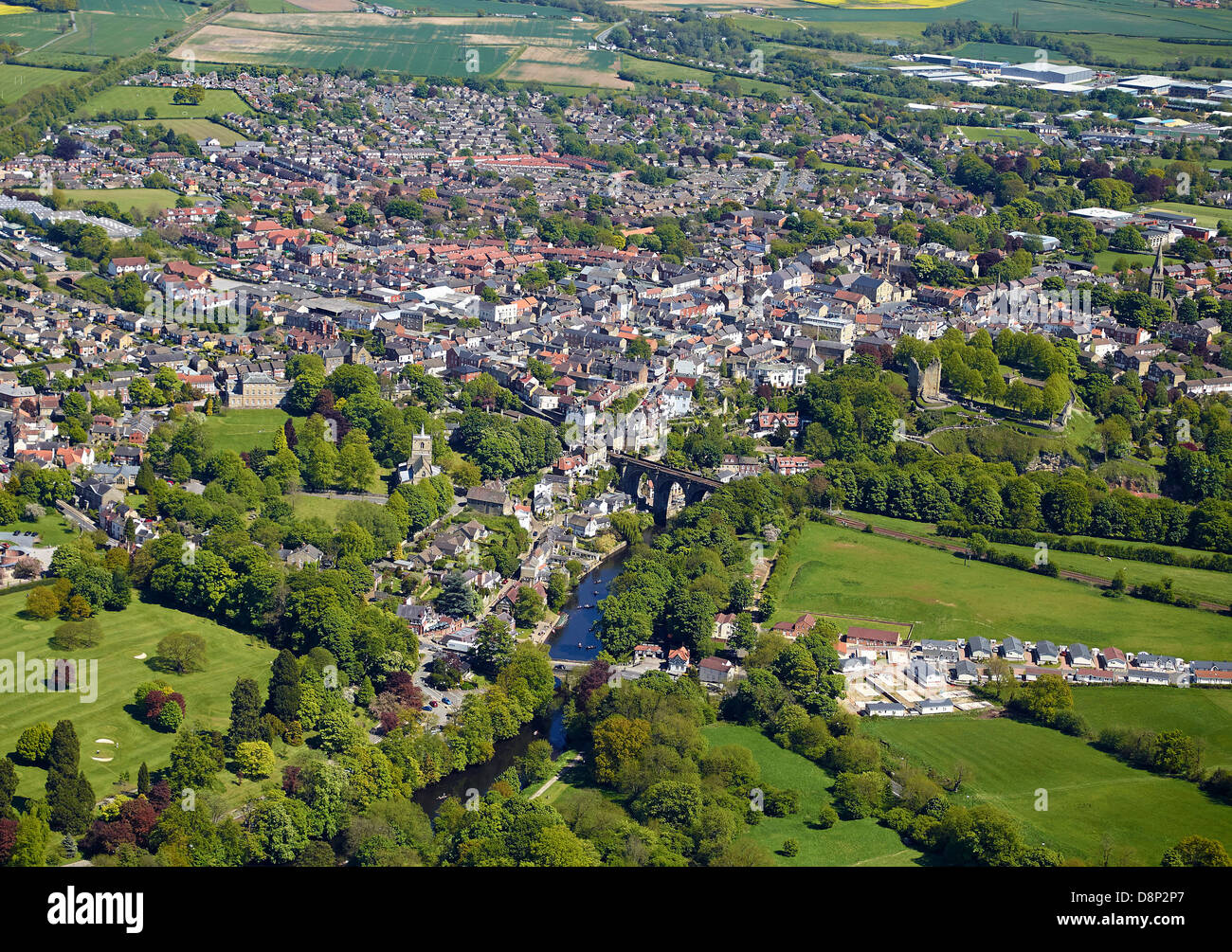 Knaresborough, North Yorkshire, Northern England showing the river Nidd centre foreground. Stock Photo