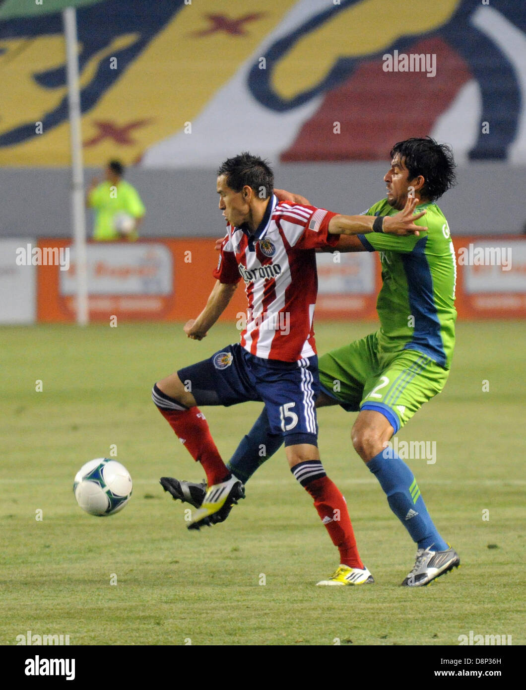Carson, California, USA. 1st June, 2013. MLS-Major League Soccer- Chivas USA mid fielder ERIC AVILA and Seattle Sounders defender DeANDRE YEDLIN fight for control of the ball during the first half of play at The Home Depot Center, Carson, California, USA, June 1, 2013.  Seattle won the match 2 to 0..Credit Image  cr Scott Mitchell/ZUMA Press (Credit Image: Credit:  Scott Mitchell/ZUMAPRESS.com/Alamy Live News) Stock Photo