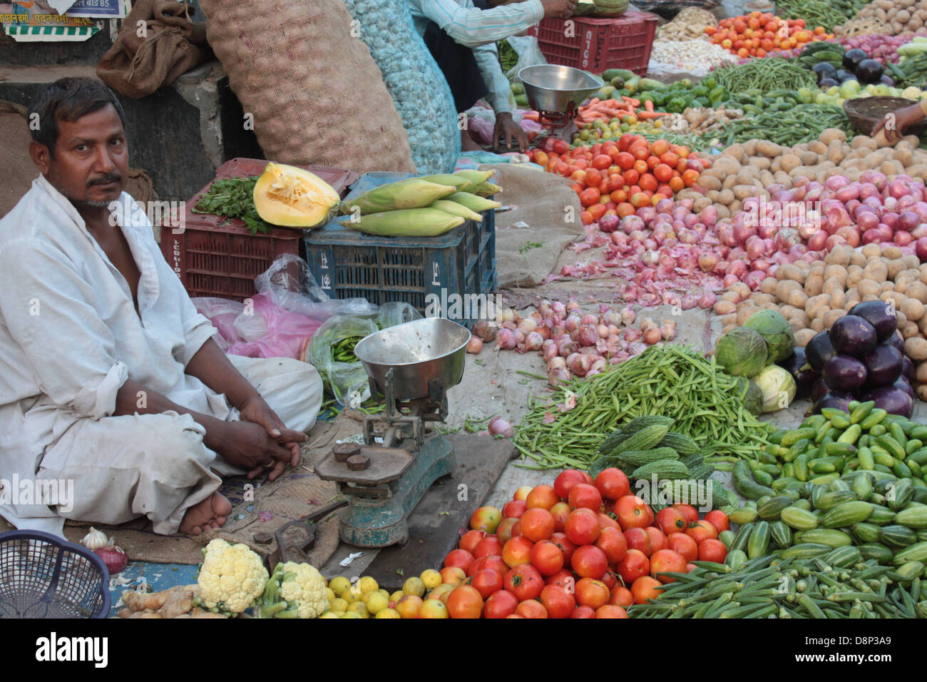 A hawker sells vegetables from the road side in Old Delhi, India Stock