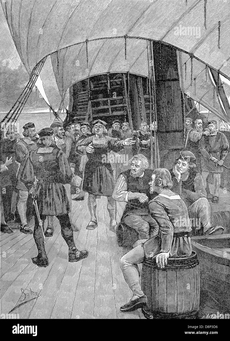 Columbus addresses his crew after hearing that some members, disgruntled at such a long voyage, plot mutiny. Stock Photo