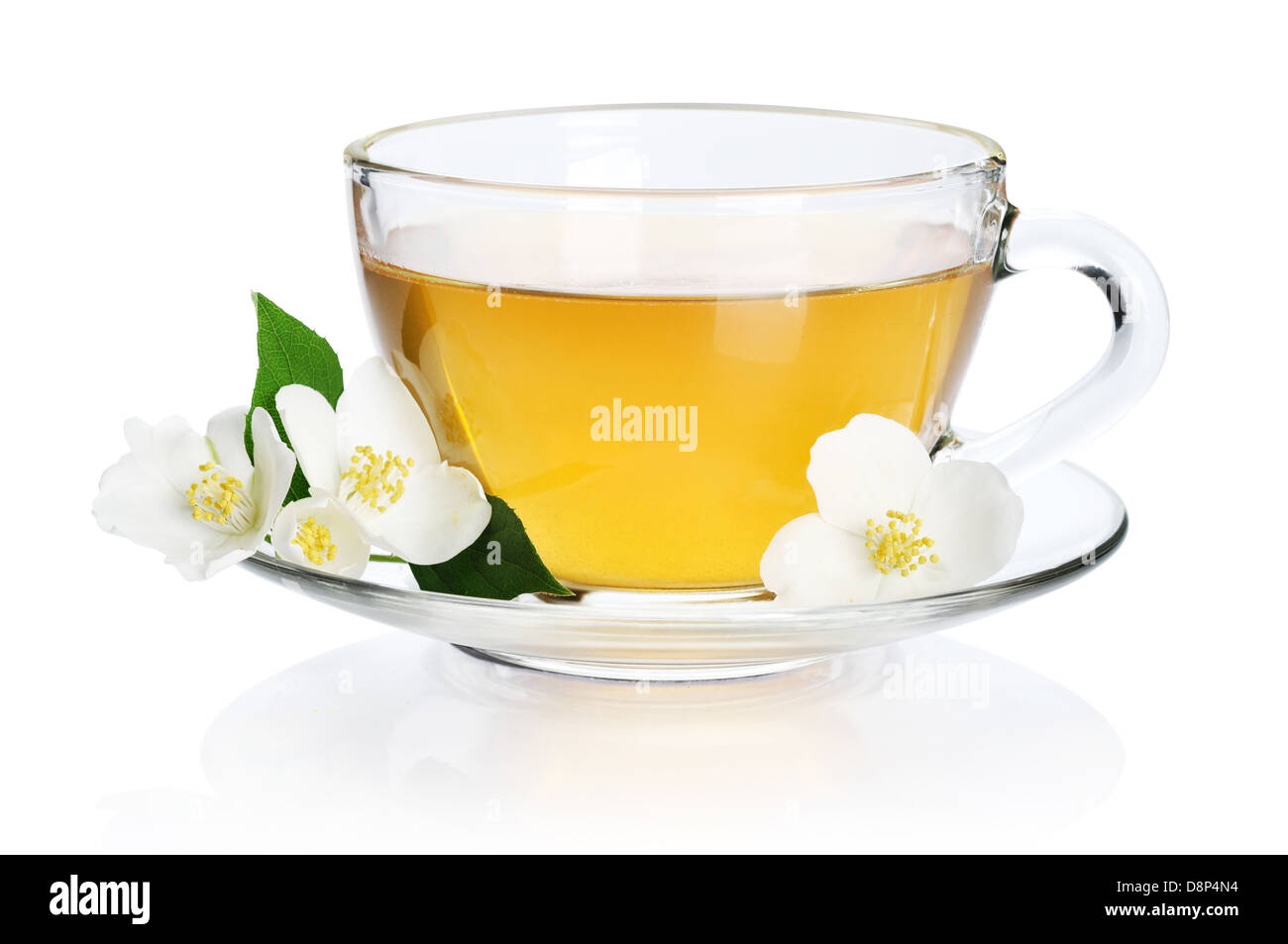 Cup of green tea with jasmine flowers isolated on white background