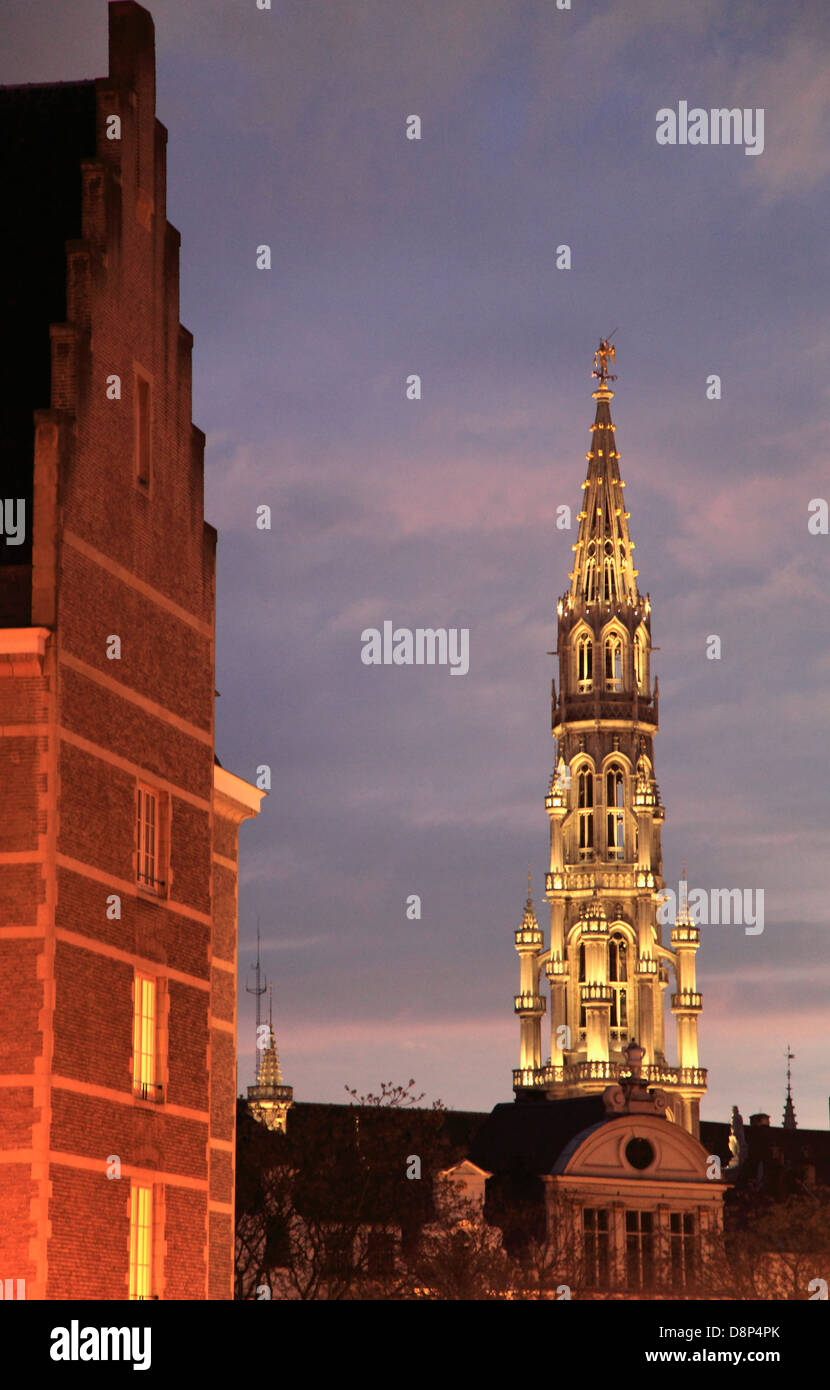 Belgium, Brussels, City Hall, tower, night, Stock Photo