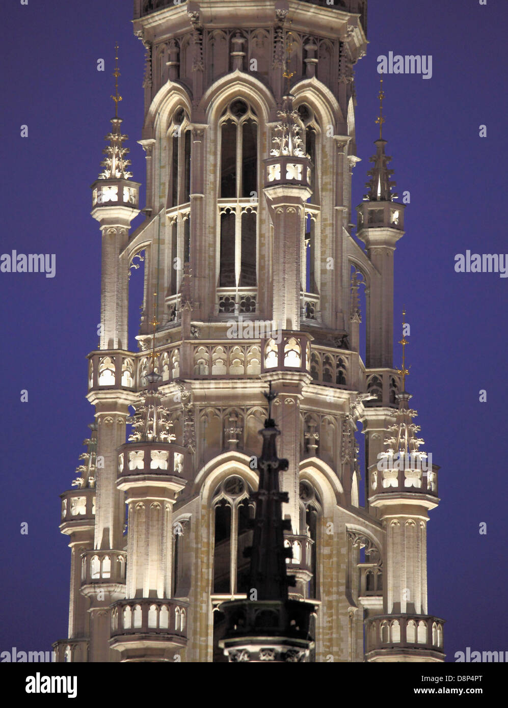Belgium, Brussels, City Hall, tower, night, Stock Photo