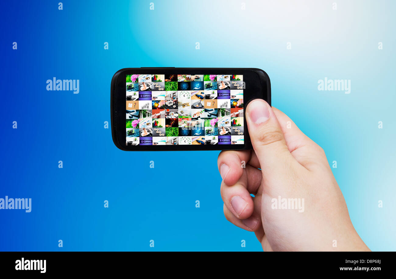 Smart phone with multimedia gallery. Internet and TV streaming composition Stock Photo