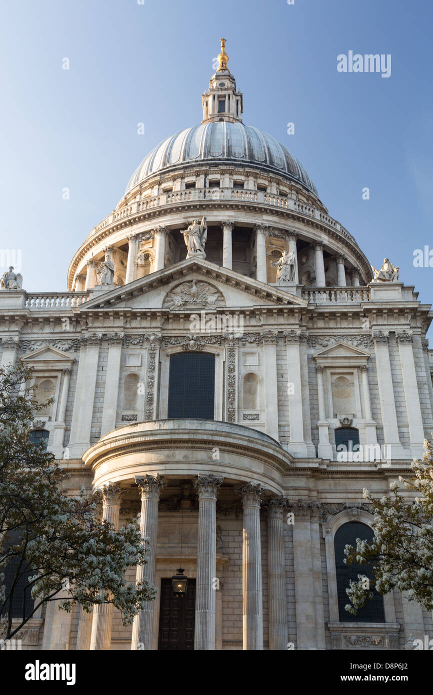 West front of St Pauls Cathedral in London England at dusk as the sun ...