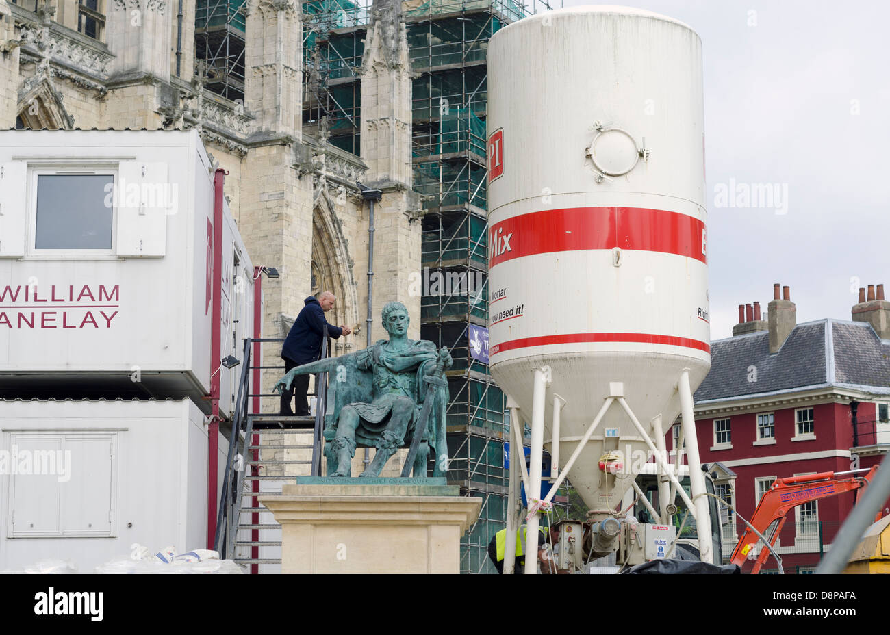 Bronze statue of Constantine I in York UK during recent restoration building work at York Cathedral. Stock Photo
