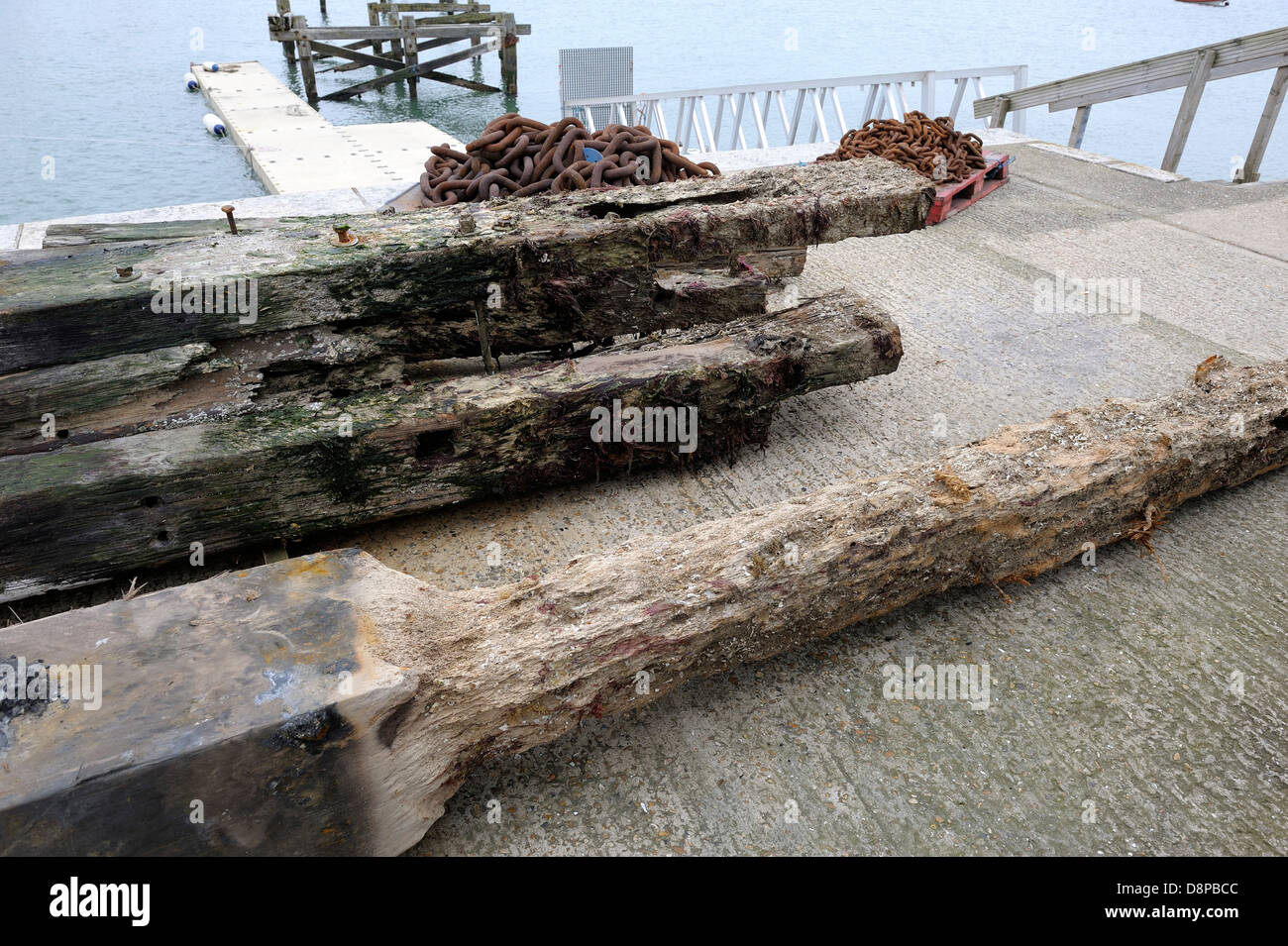rotting pier timber piles removed from swanage pier by contractors jenkins marine Dorset Engand uk Stock Photo