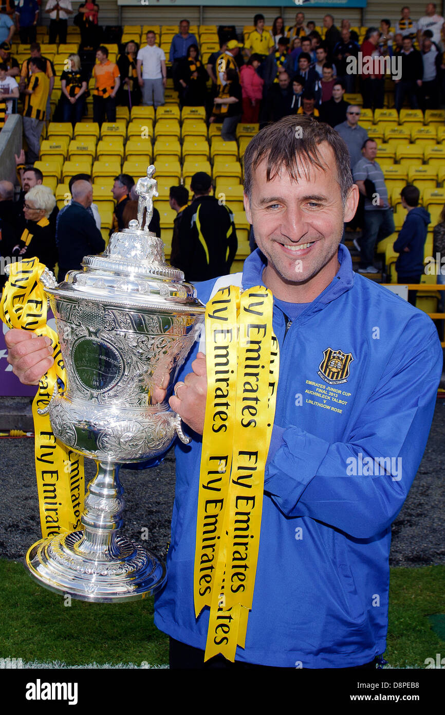Livingston, Scotland, UK. Saturday 20th April 2013. Auchinleck manager Tommy Sloan celebrate's during the Auchinleck Talbot v Linlithgow Rose Scottish Junior Cup Final, Braidwood Motor Company Stadium. Credit: Colin Lunn / Alamy Live News Stock Photo