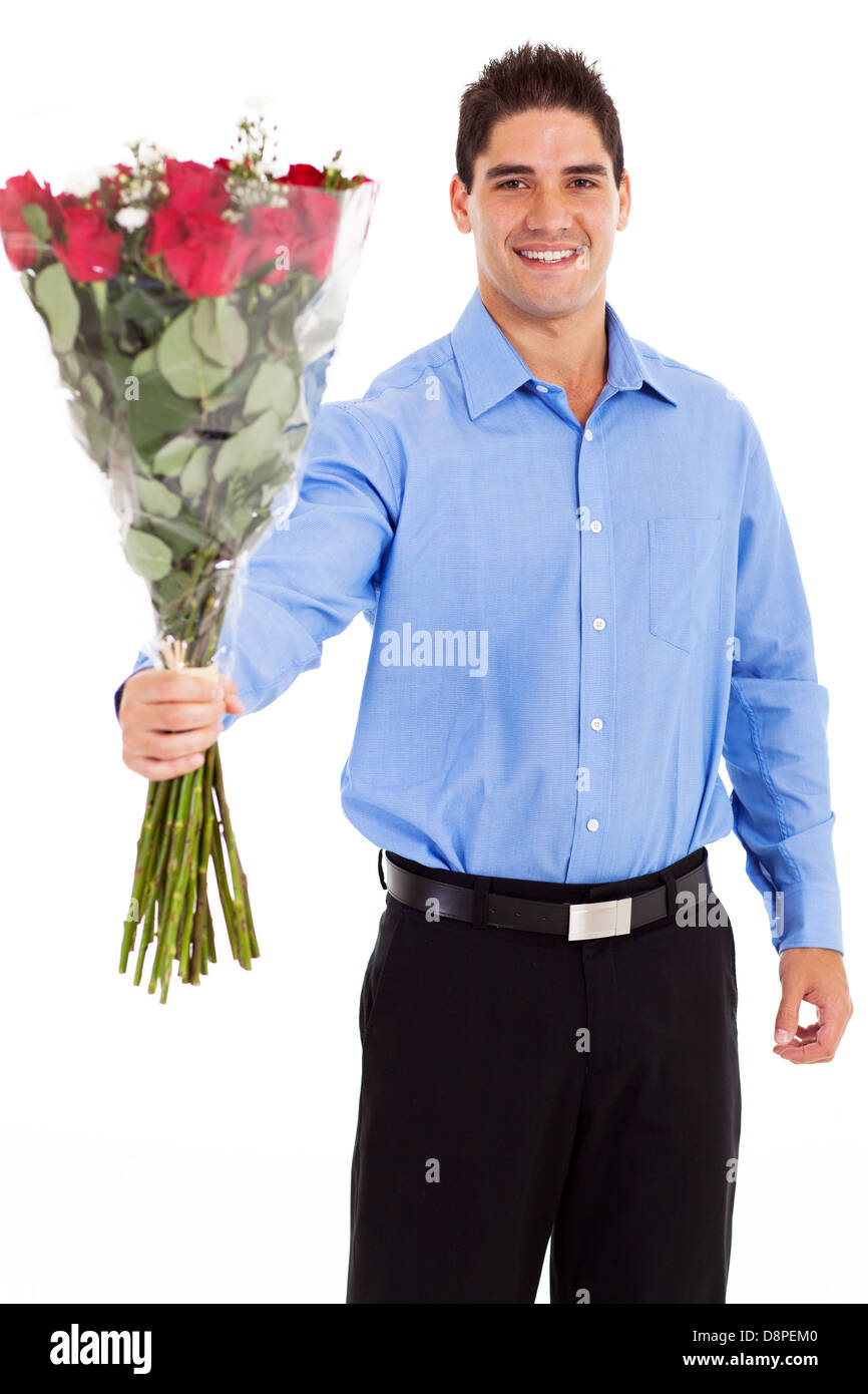 romantic young man giving bunch of roses isolated on white Stock Photo ...