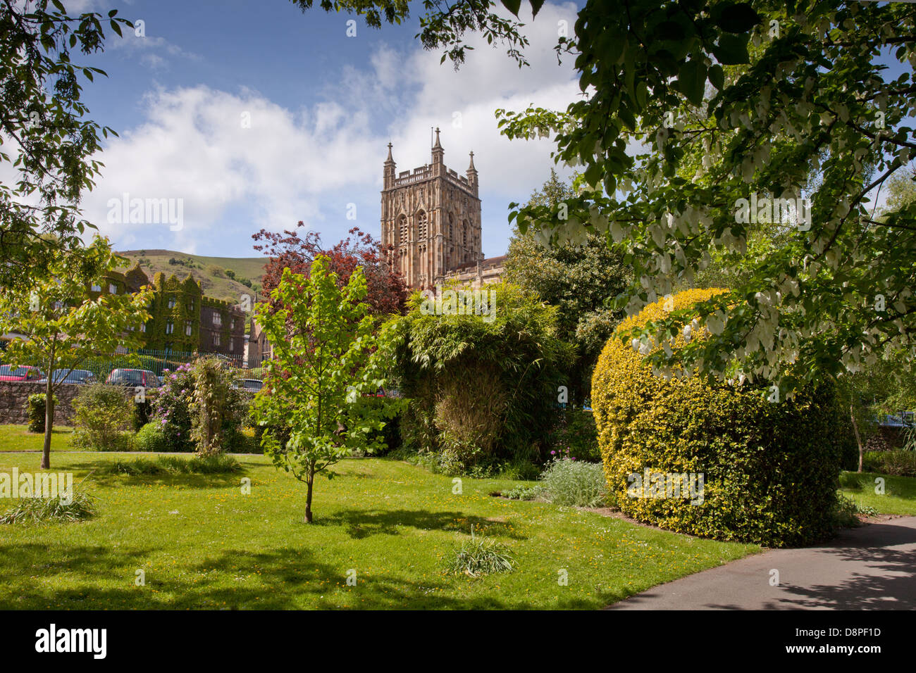 View of the tower, the Priory, Great Malvern, as seen from surrounding gardens. Stock Photo