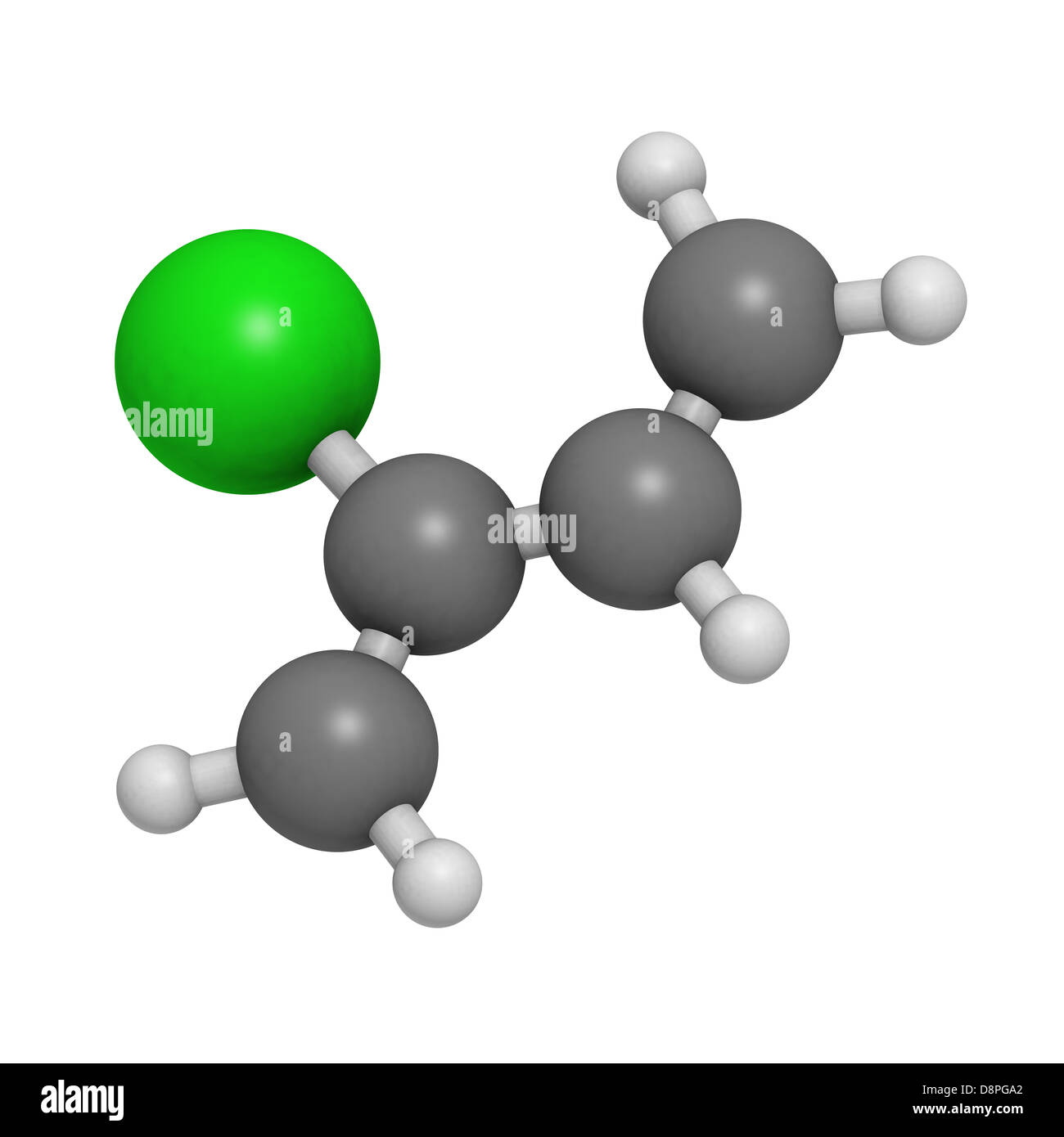 Chloroprene, the building block of polychloroprene synthetic rubber. Atoms are represented as spheres with conventional color. Stock Photo