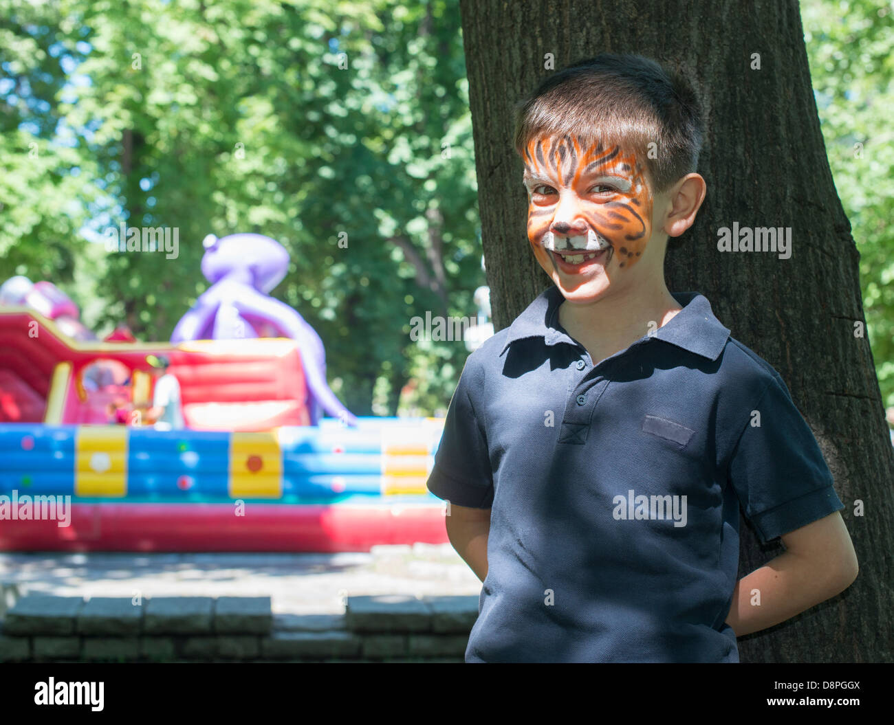 Child with painted face. Tiger paint. Boy on children's holiday Stock Photo