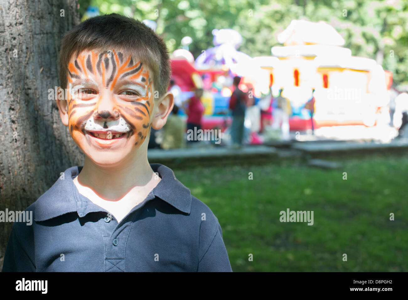 Child with painted face. Tiger paint. Boy on children's holiday Stock Photo