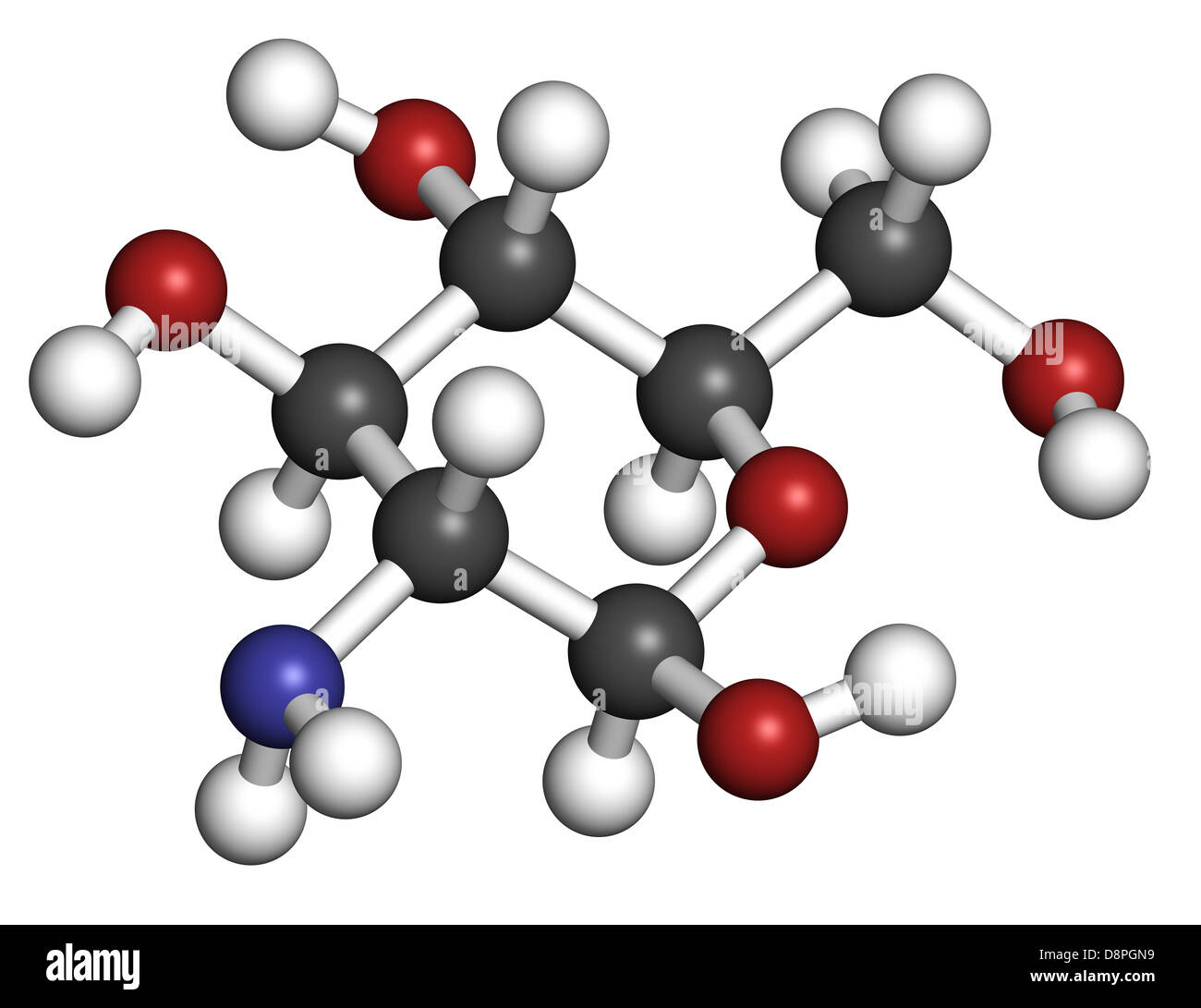 Glucosamine food supplement molecule. Atoms are represented as spheres with conventional color coding. Stock Photo