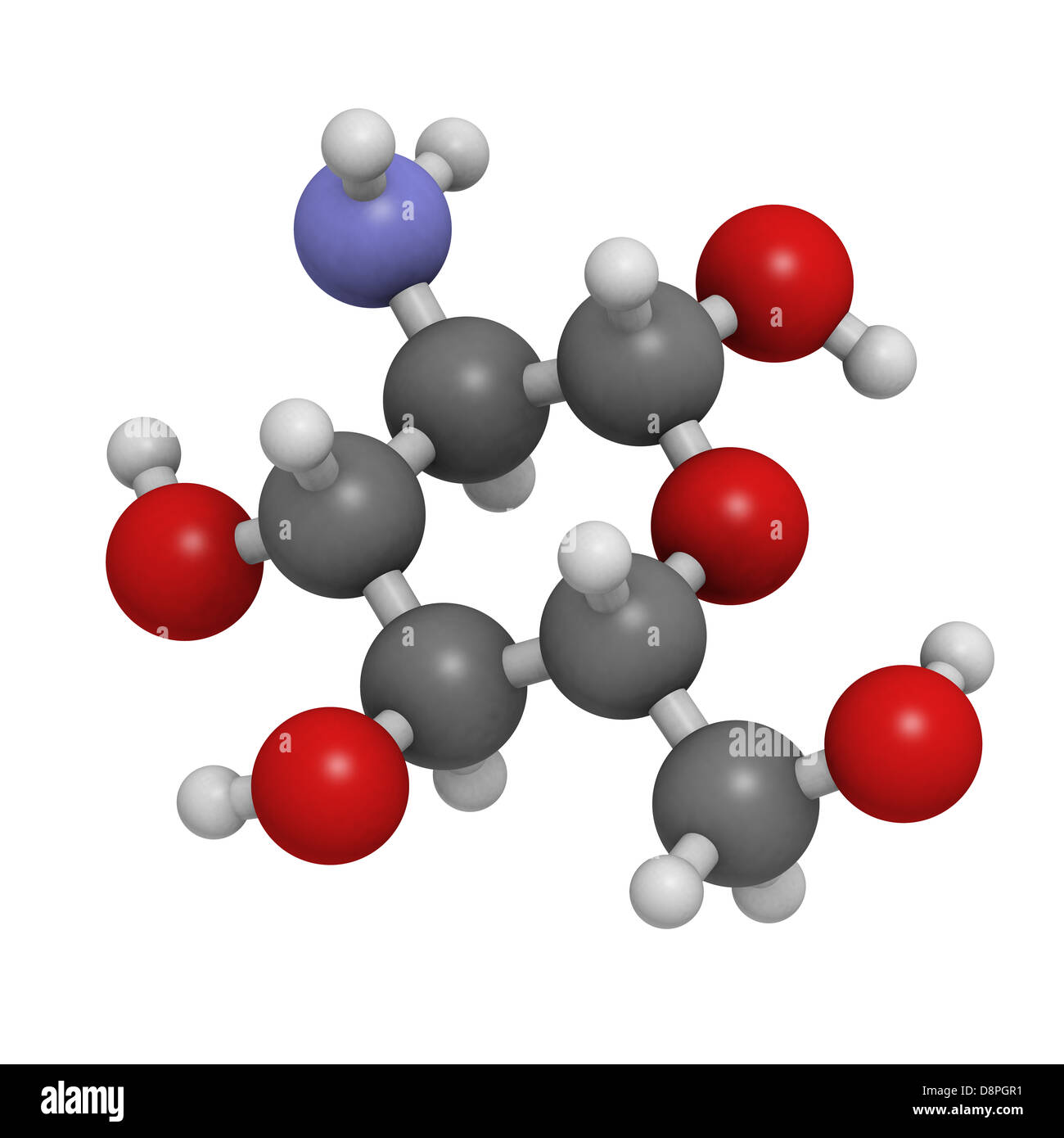 Glucosamine food supplement molecule. Atoms are represented as spheres with conventional color coding. Stock Photo