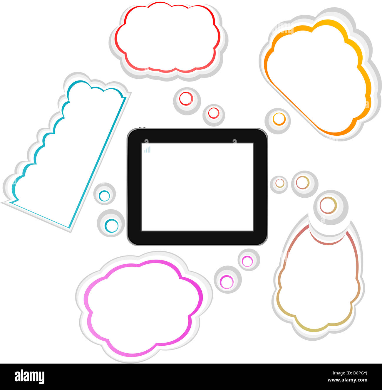 Tablet PC with cloud of colorful application icons isolated on white ...