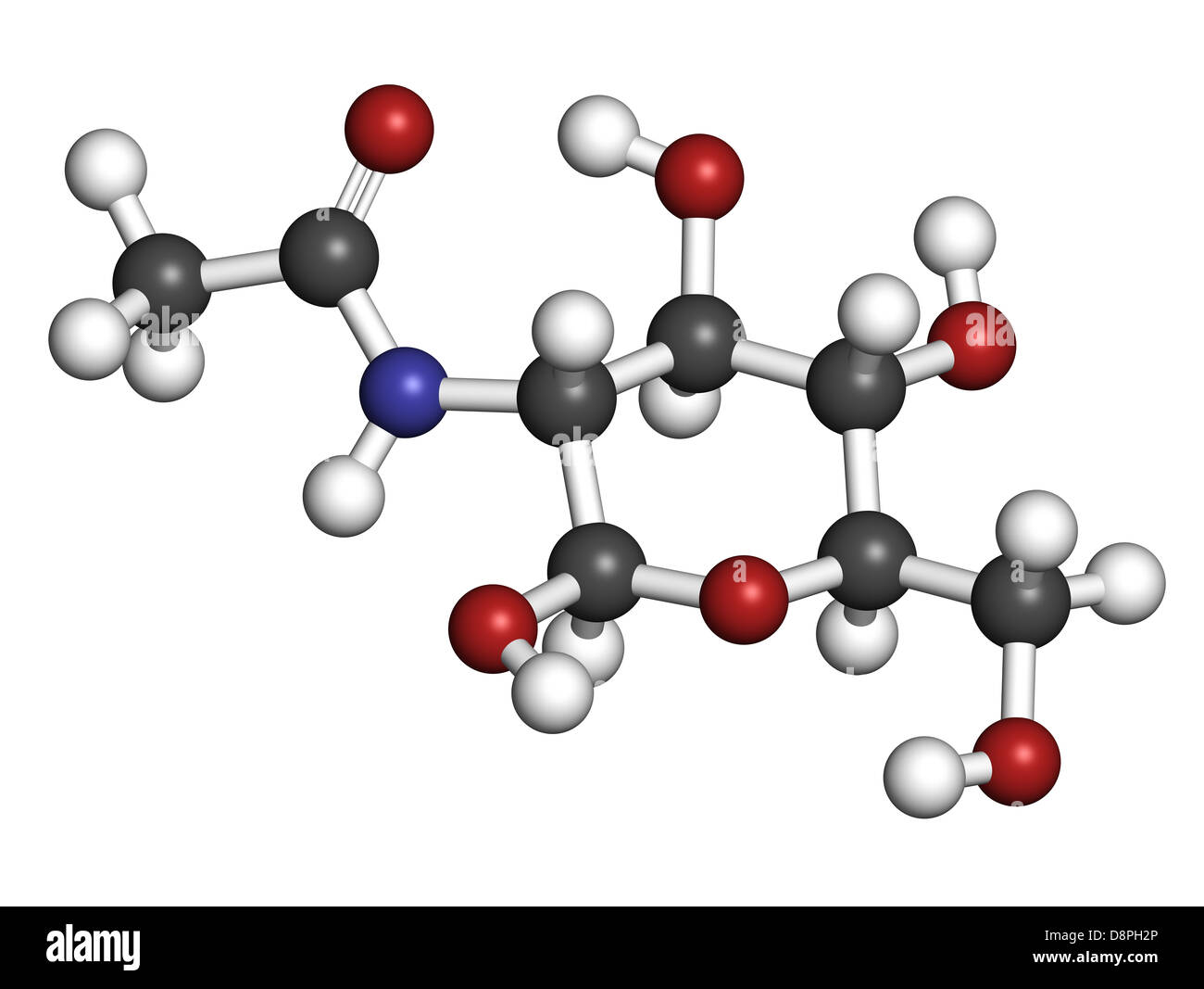 N-Acetylglucosamine (NAG) food supplement molecule. Atoms are represented as spheres with conventional color coding. Stock Photo