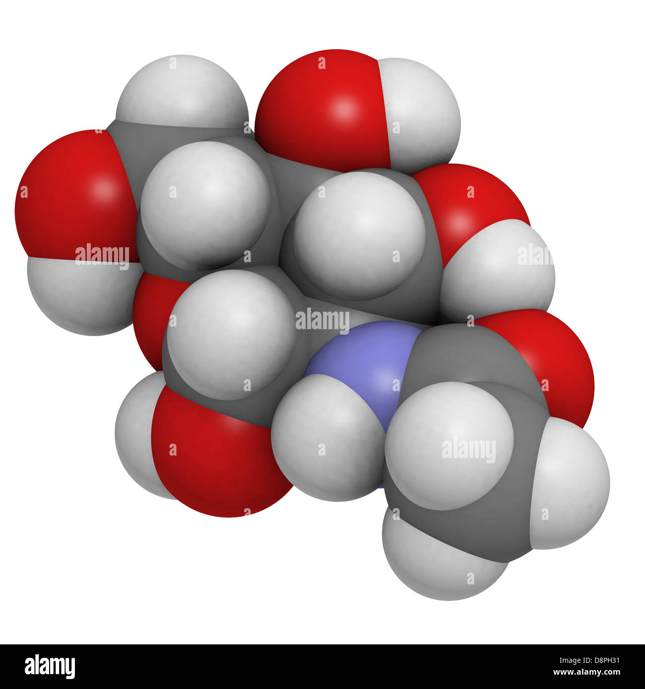 N-Acetylglucosamine (NAG) food supplement molecule. Atoms are represented as spheres with conventional color coding. Stock Photo