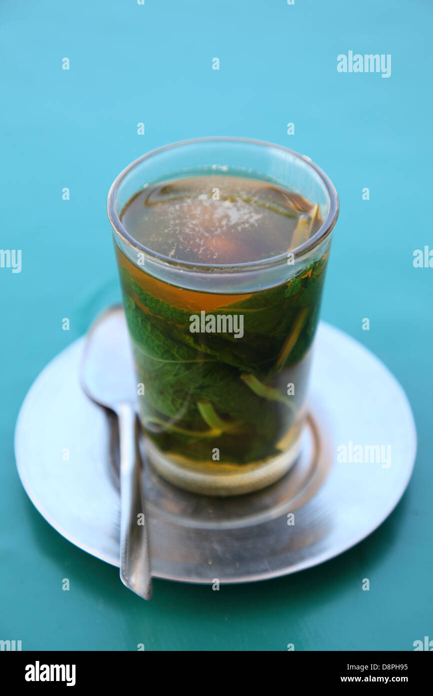 Traditional moroccan mint tea as served in a cafe in Rabat, Morocco Stock Photo