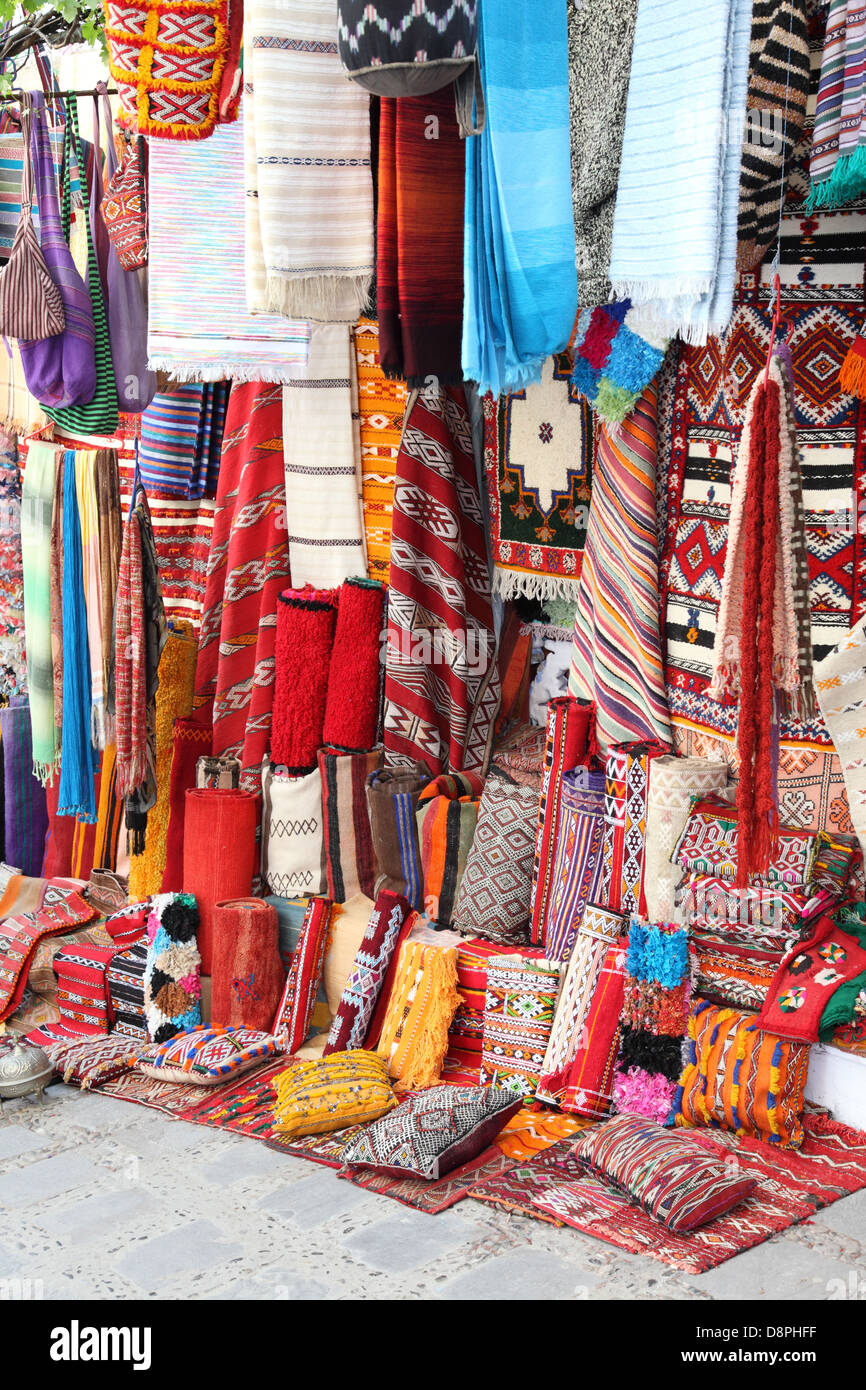 Carpets and pillows for sale in the medina of Chefchaouen, Morocco Stock Photo